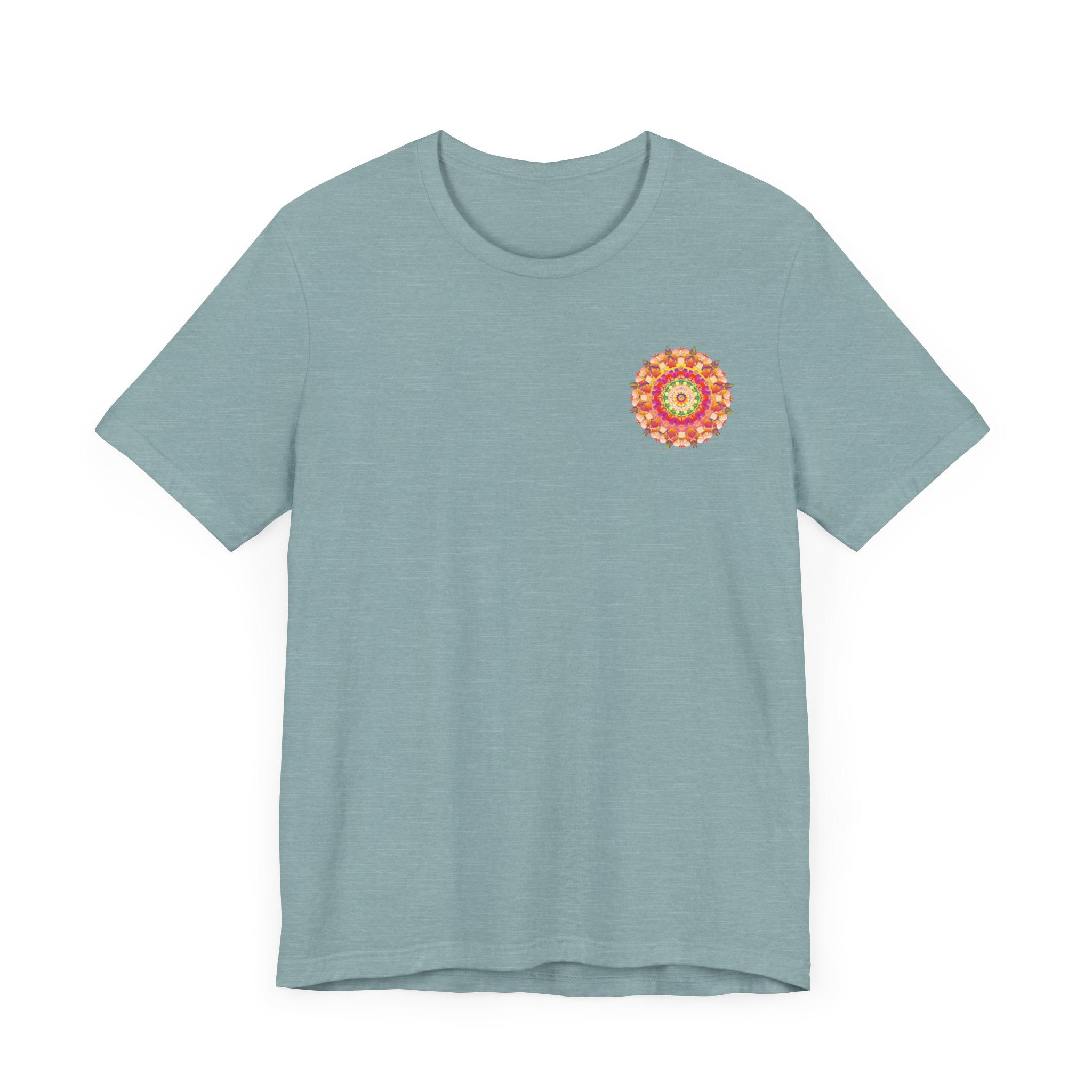 A colorful mandala design tee promoting spiritual peace and harmony