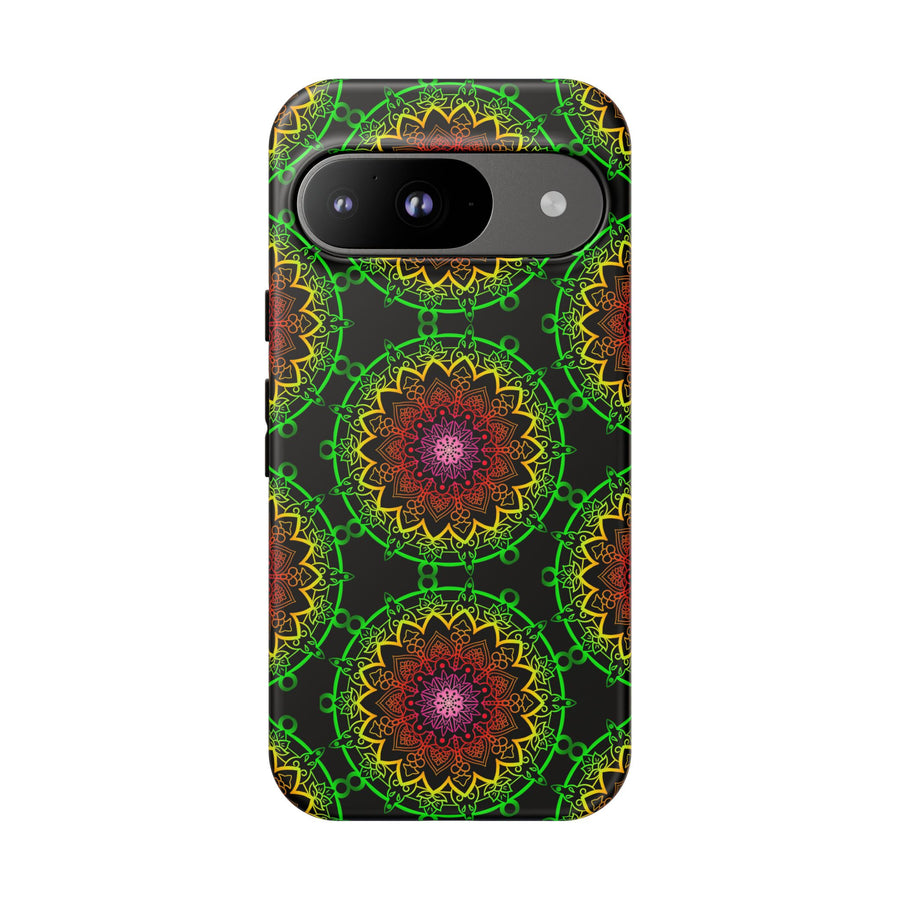 Künstlerische Mandala-Telefonhülle mit kräftigen Mustern und modernem Flair