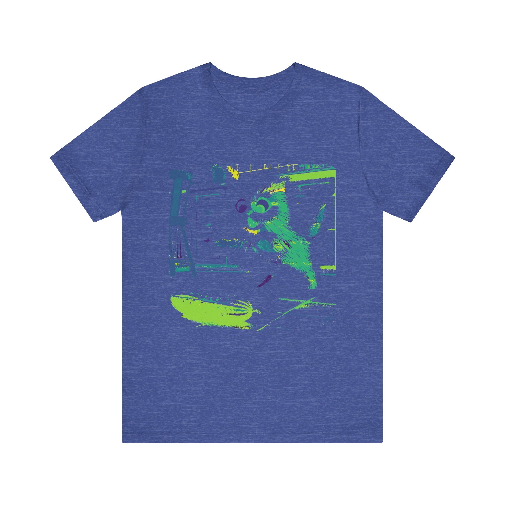 A black cat wearing a t-shirt jumping away in fear from a neon cucumber silhouette