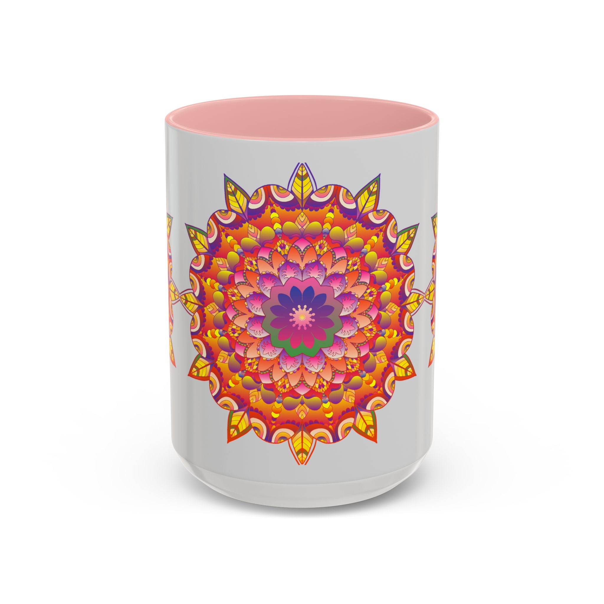 A beautiful mandala art mug with a colorful floral design, perfect for your morning coffee or tea
