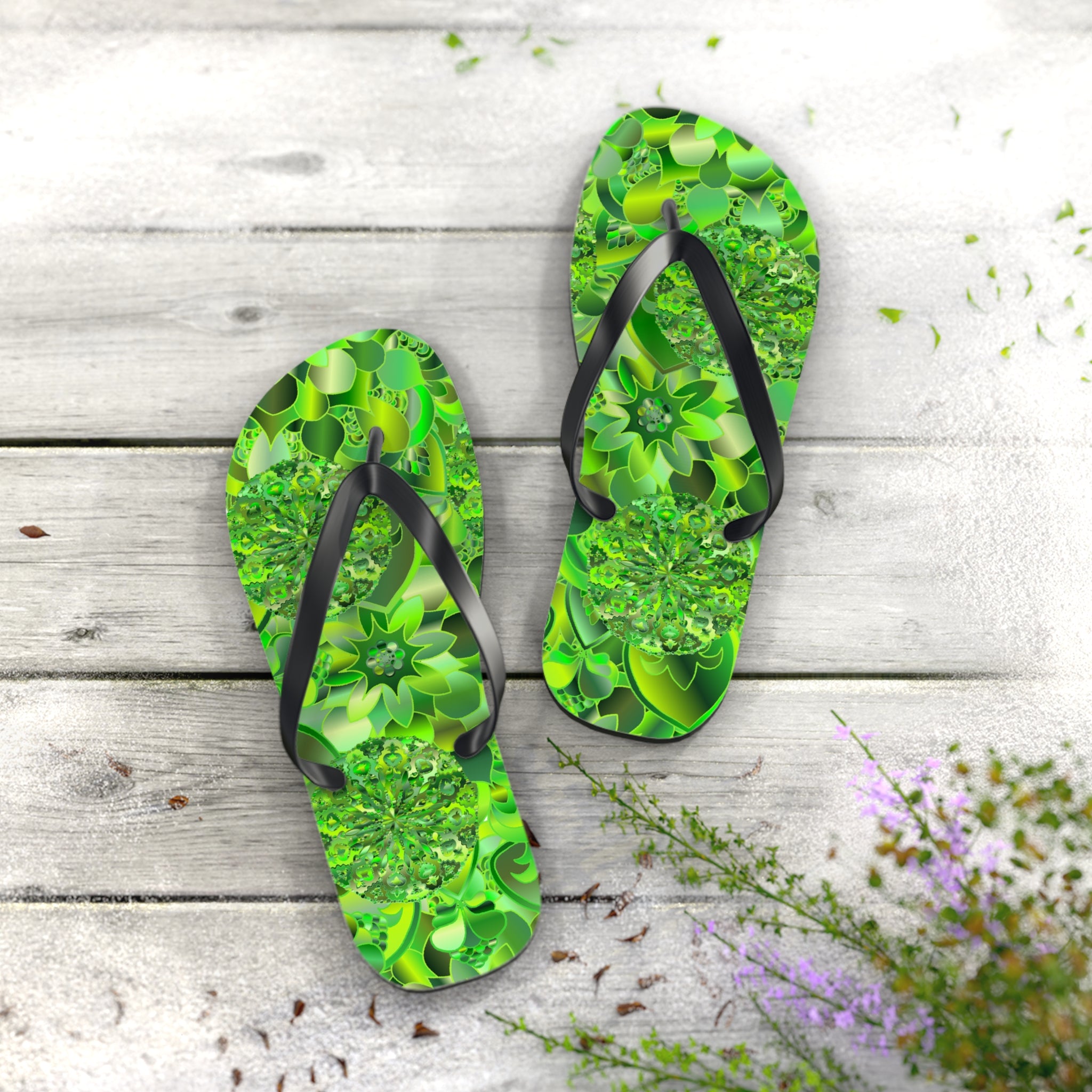 Green Kaleidoscope Flip Flops – Tropical Floral Beach Sandals