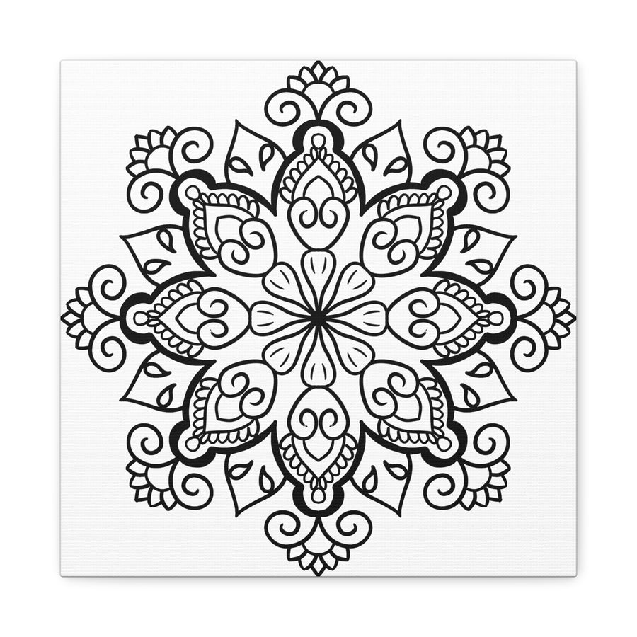 Handmade black and white mandala art on matte canvas, stretched, 125 inch