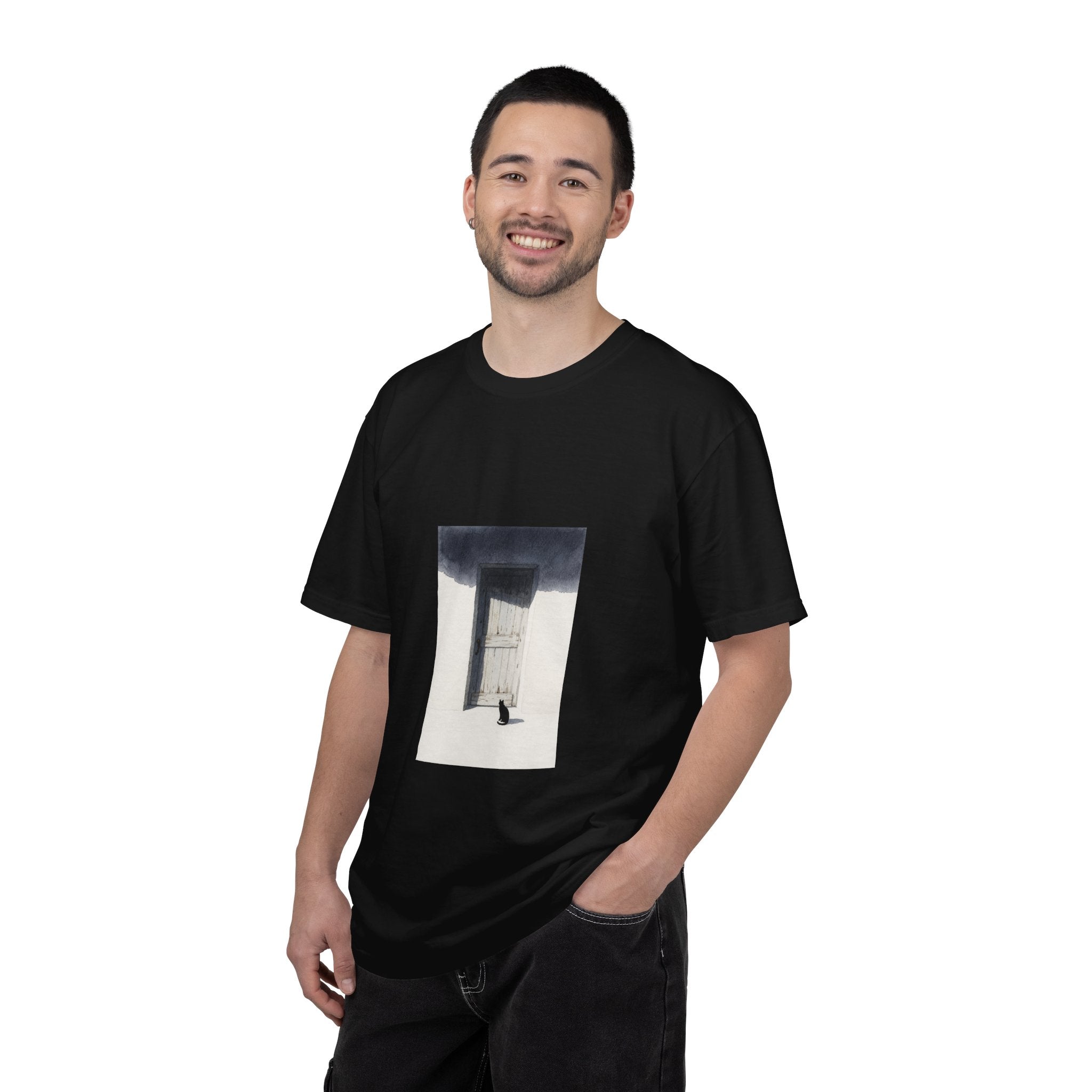 T-Shirt — Minimal Art Cat at Door Graphic Tee