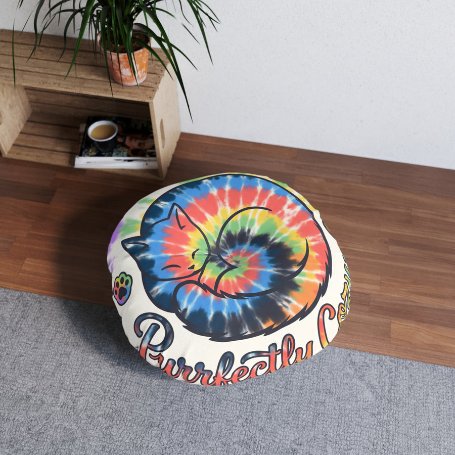 Purrfectly Cozy Cat Floor Pillow — Tie-Dye Round Cushion