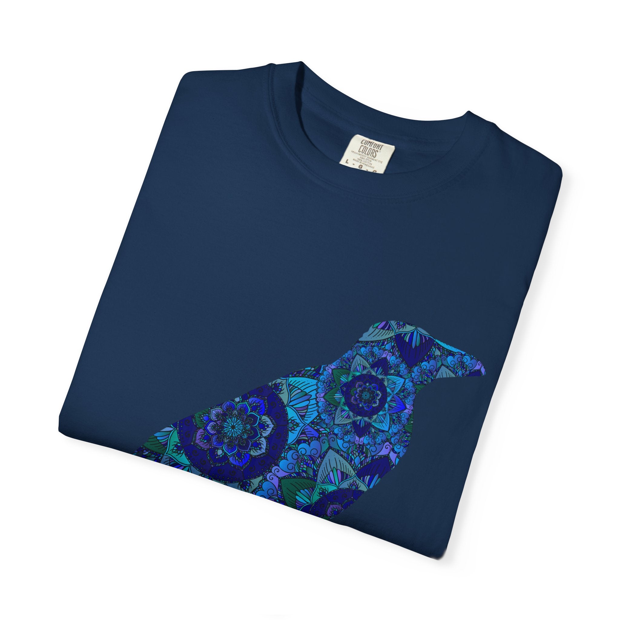 Maglietta con stampa corvo mandala blu — Maglietta grafica con corvo Inner Protection