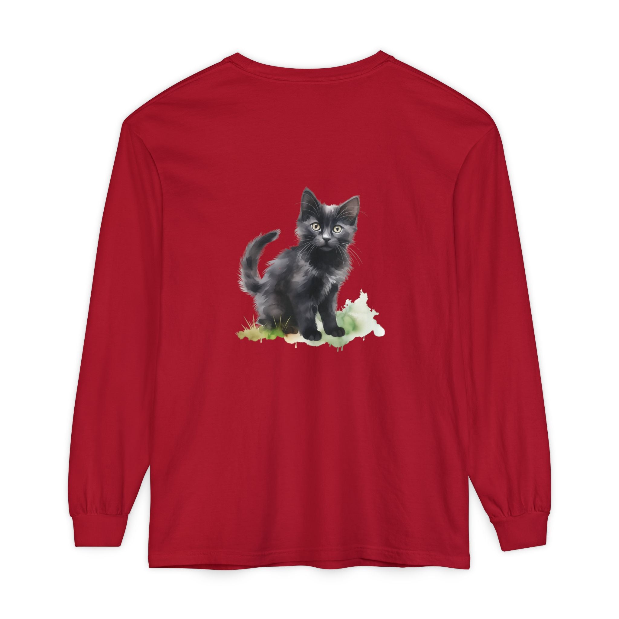Maglietta a maniche lunghe con gatto nero e acquerello