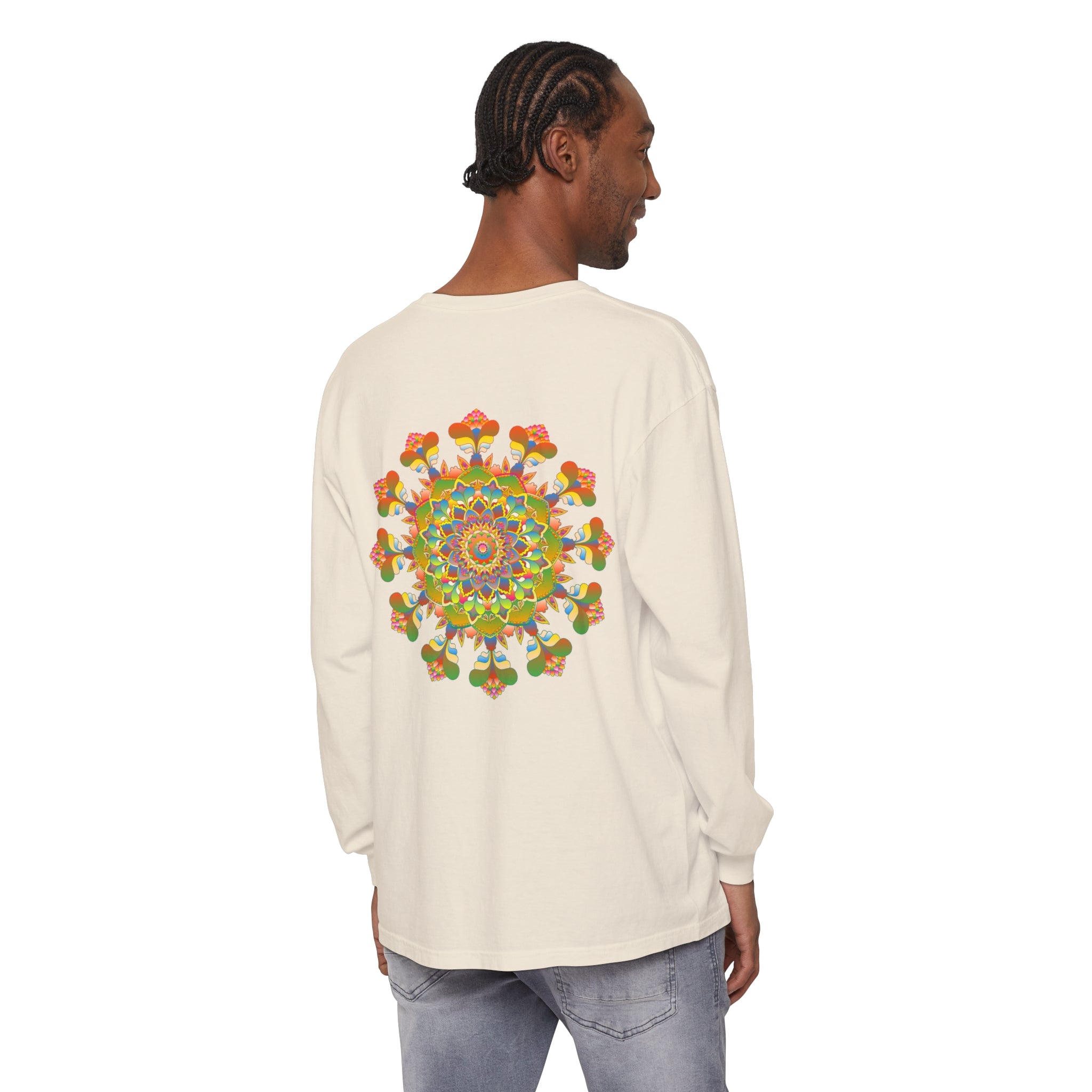 Colorful and detailed mandala artwork on a long sleeve t-shirt