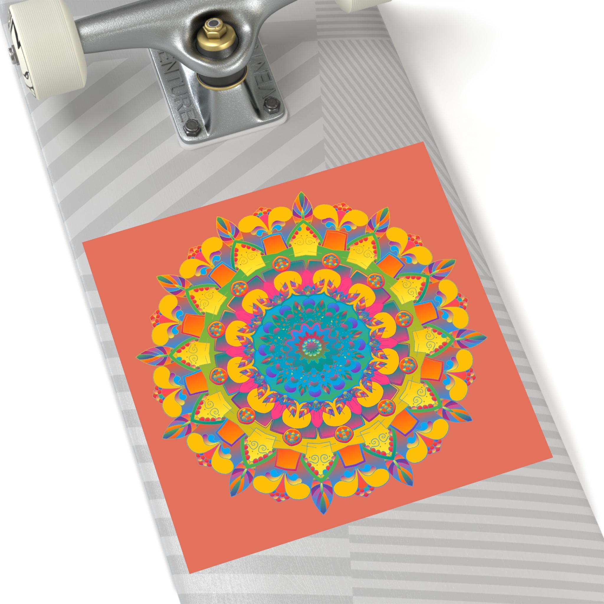 Handgezeichnete Mandala-Laminieraufkleber – Gold, Rot und Grün auf Terrakotta