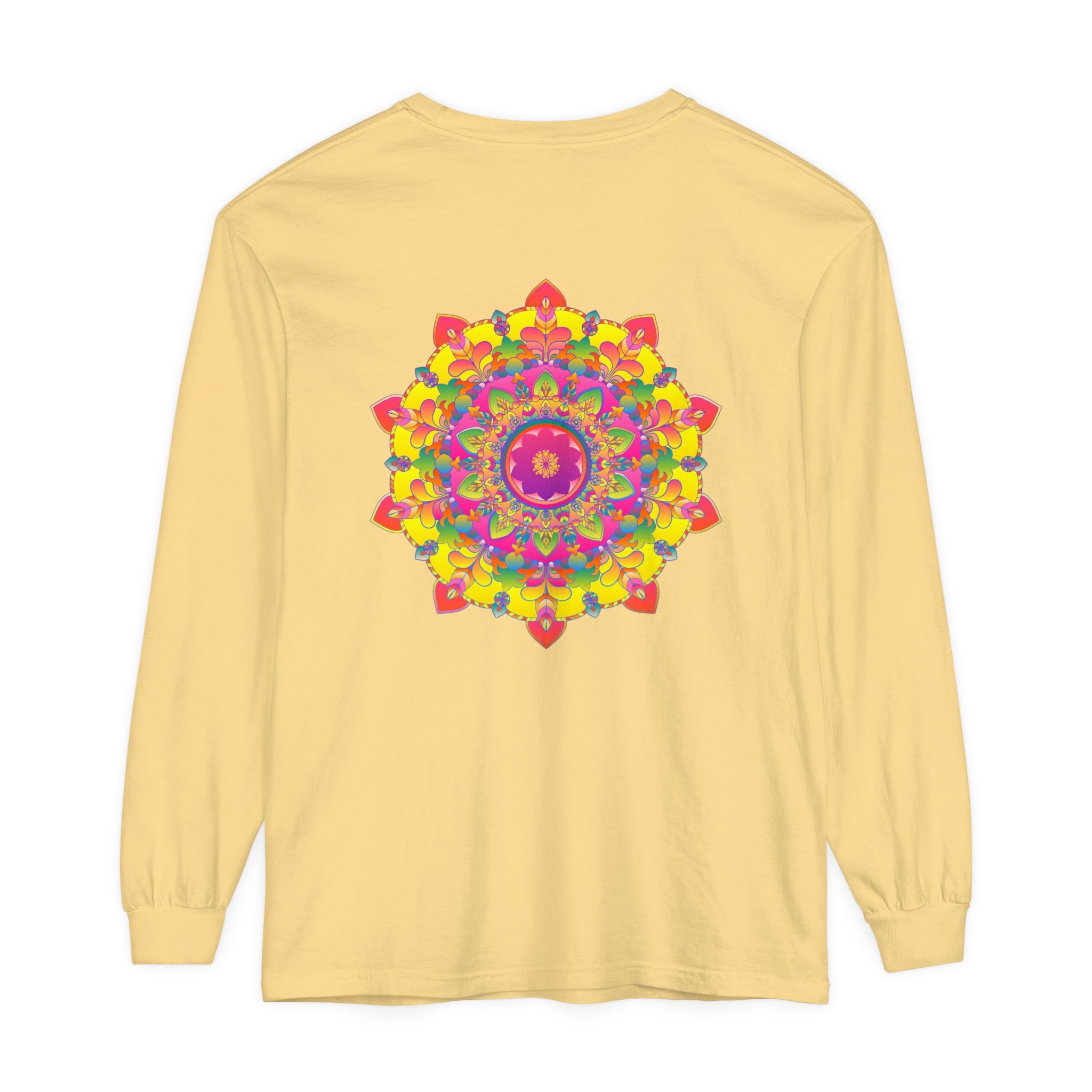 Colorful and intricate mandala design on a long sleeve t-shirt