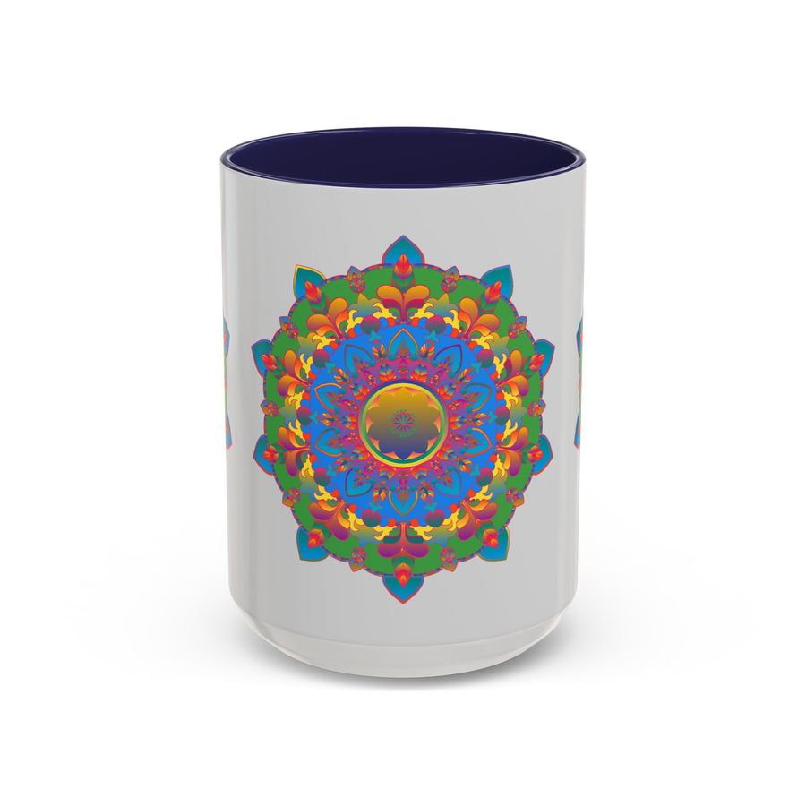 Grey ceramic mug with striking and colorful mandala flower art