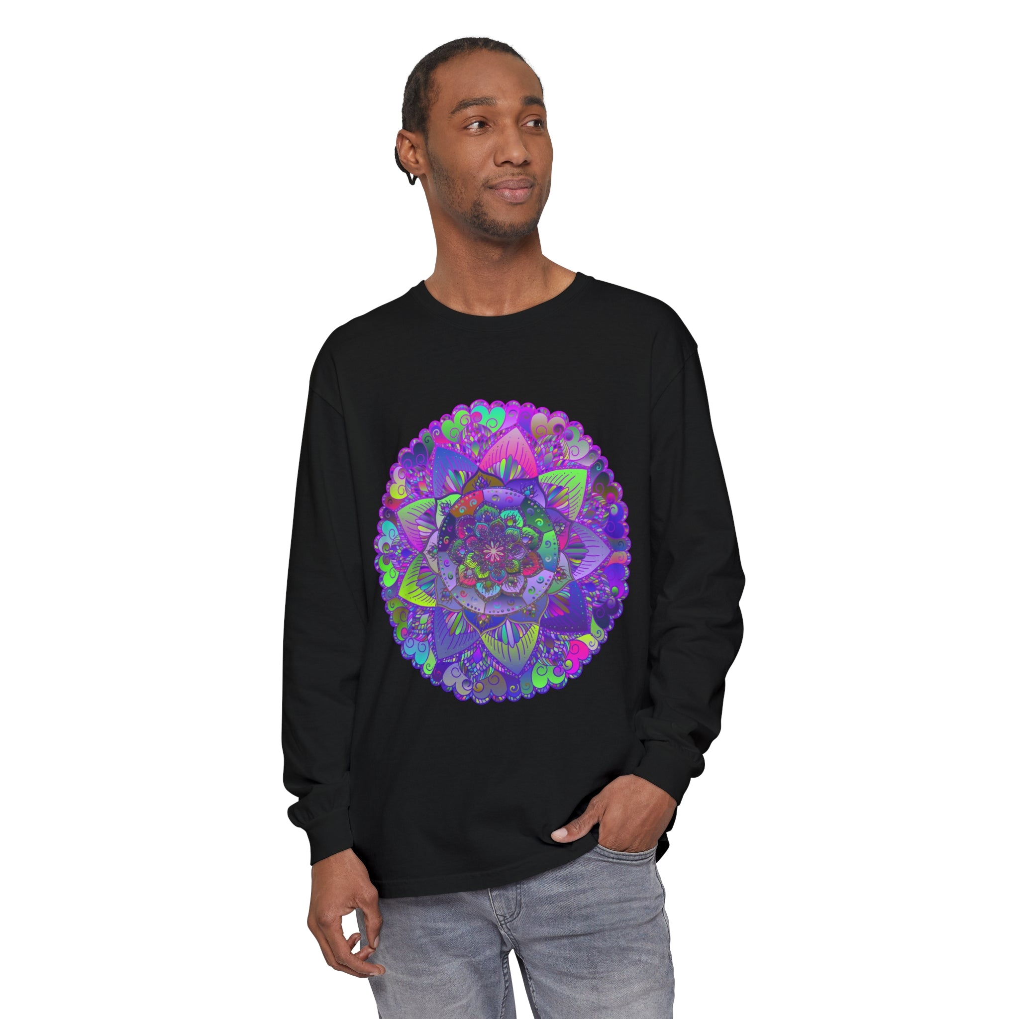 Eye-catching and colorful mandala art on comfortable long sleeve shirt