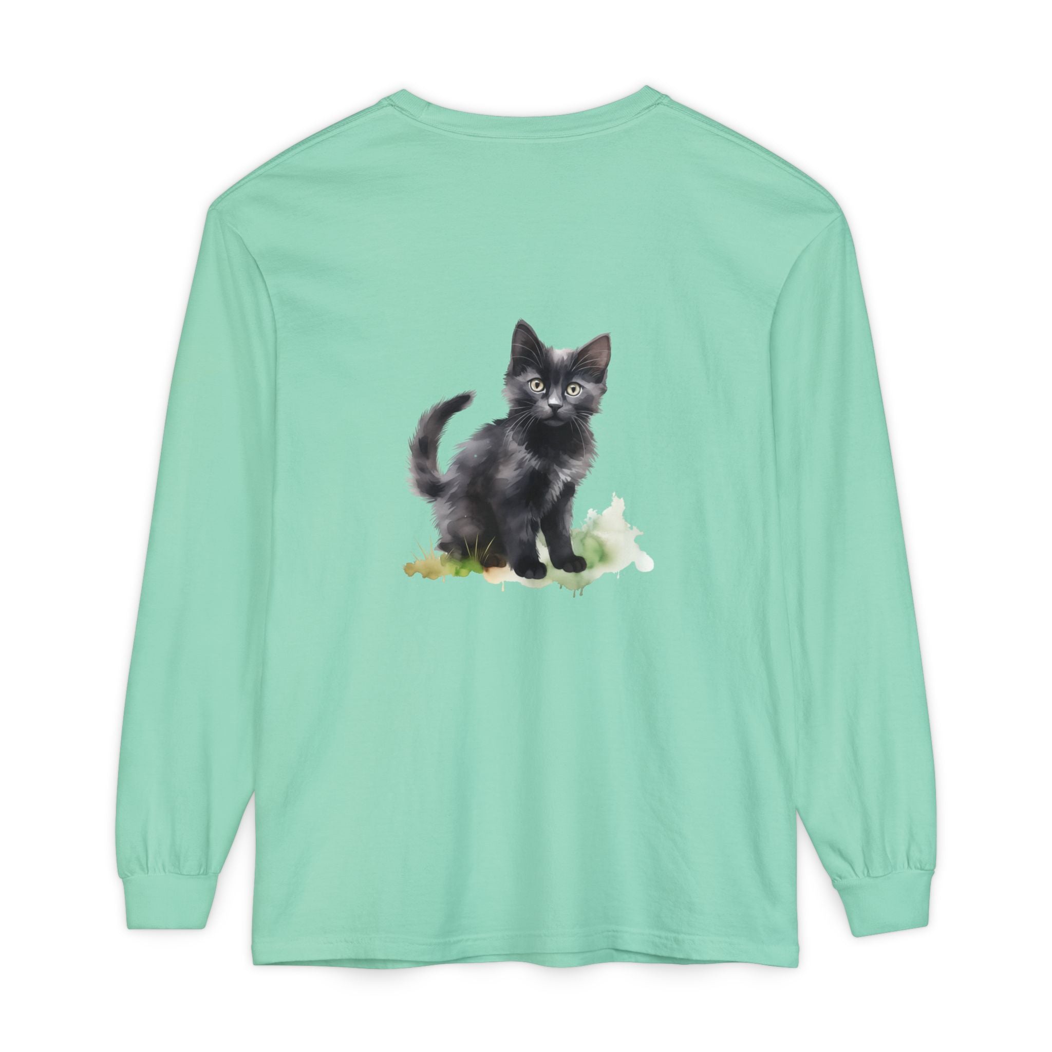 Maglietta a maniche lunghe con gatto nero e acquerello