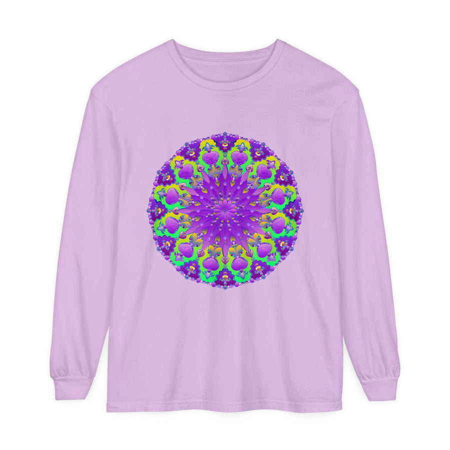 Vibrant purple and green mandala design long sleeve t-shirt for women