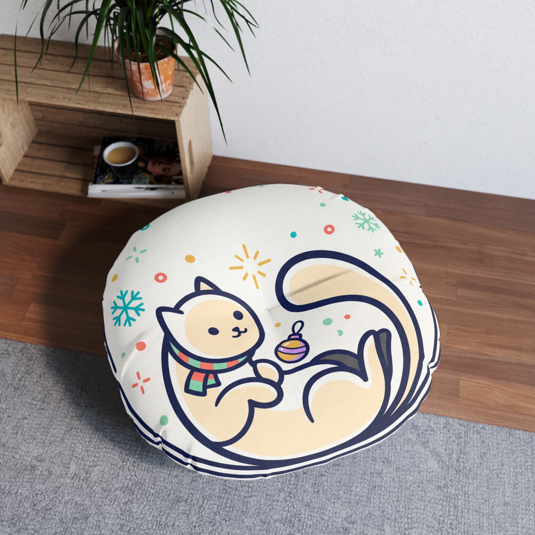 Cozy New Year Cat Floor Pillow — Cute Winter Kitten