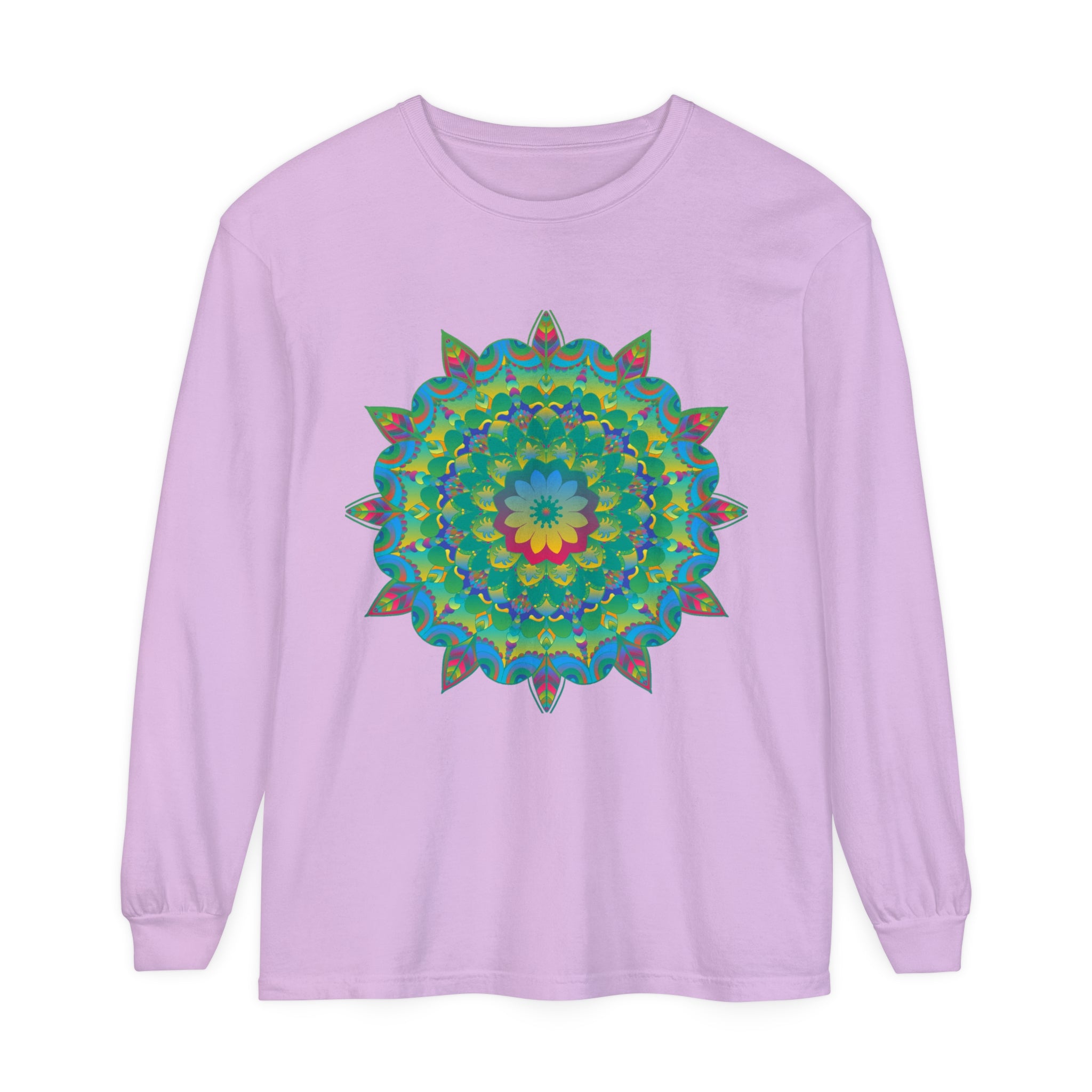 Colorful psychedelic mandala design long sleeve t-shirt for a vibrant look