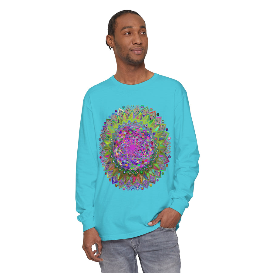 Bold and vibrant mandala design on a unisex long sleeve shirt