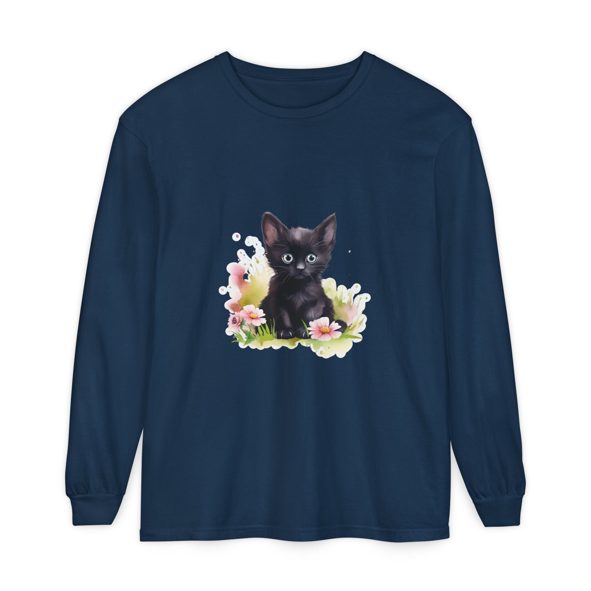 Langarmshirt | Schwarzes Kätzchen & rosa Blumen