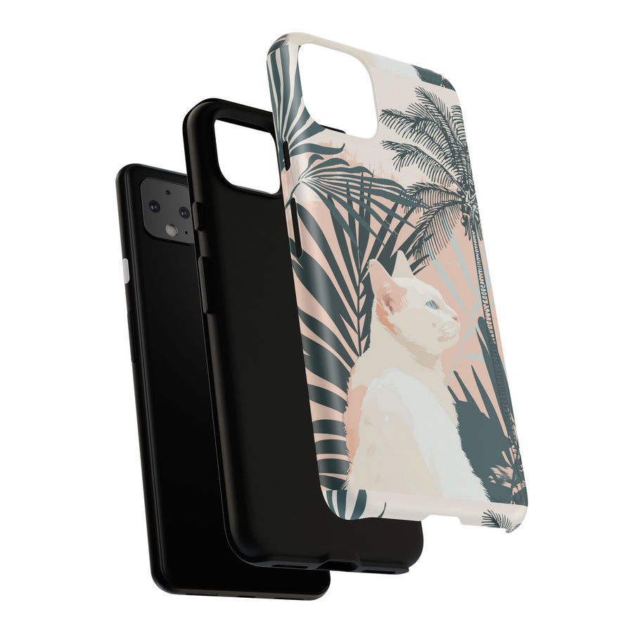 Tropical Cat Phone Case with Lush Palm Motifs and Soft Pastels