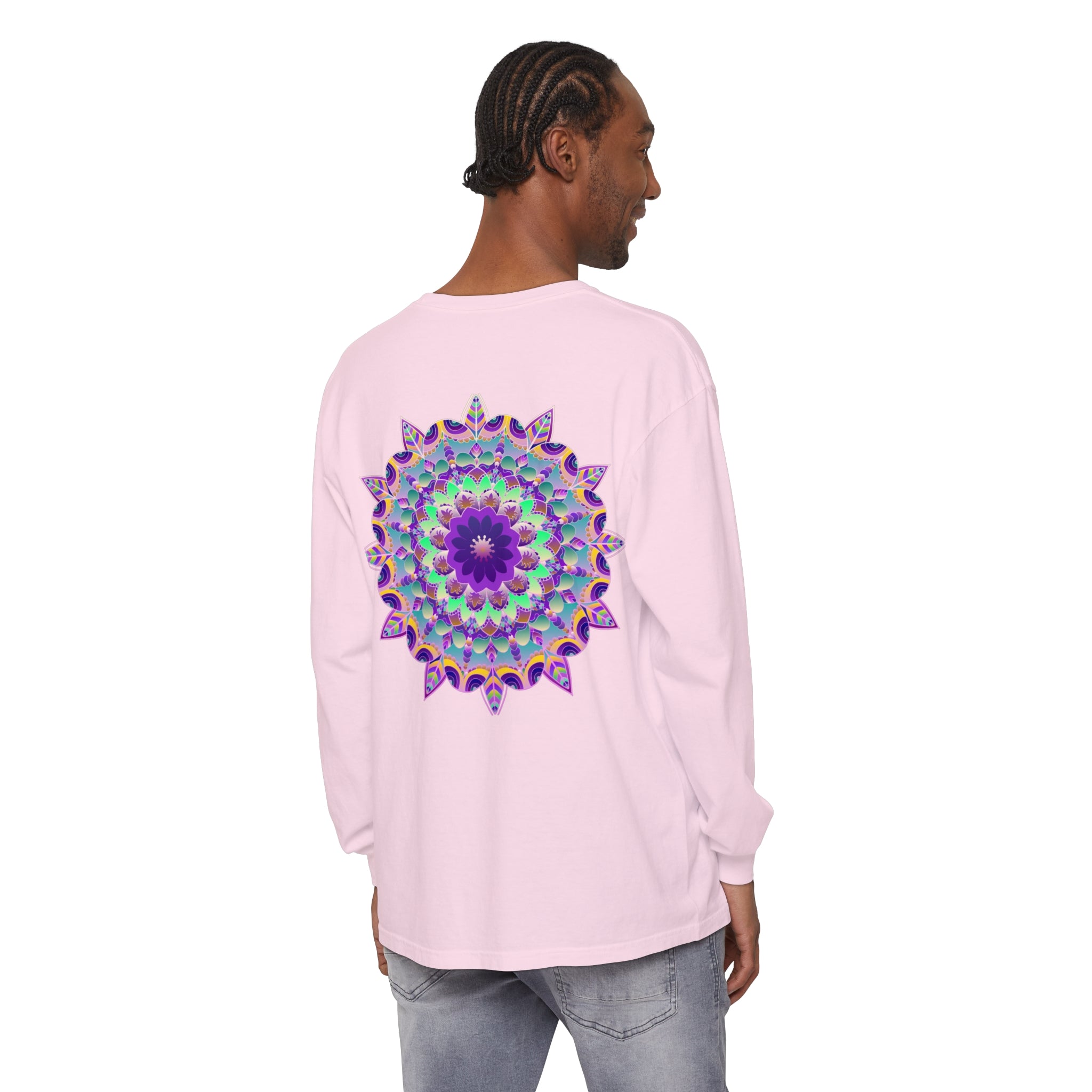 Colorful and intricate psychedelic mandala design on a long sleeve t-shirt