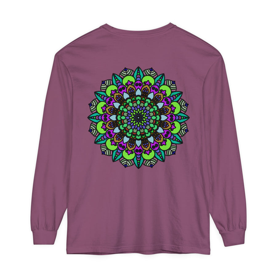 Colorful and vibrant psychedelic mandala design on a unisex long sleeve t-shirt