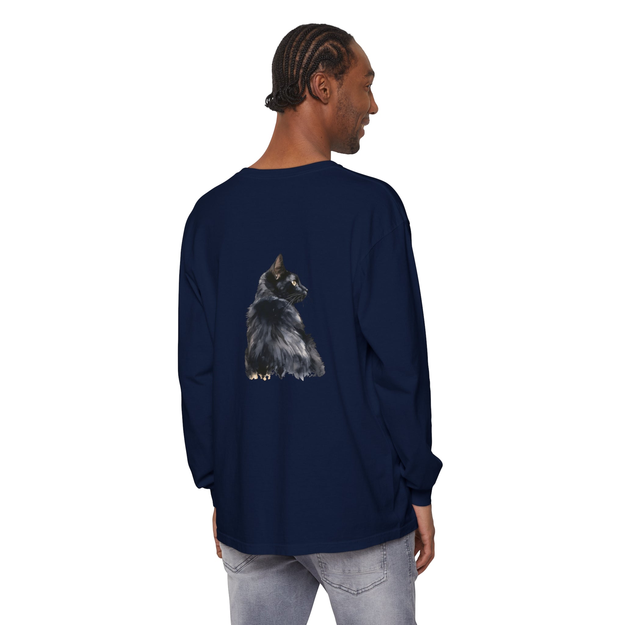 Black Cat Watercolor Long Sleeve T-Shirt with vibrant watercolor cat design