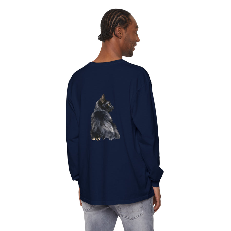 Black Cat Watercolor Long Sleeve T-Shirt with vibrant watercolor cat design