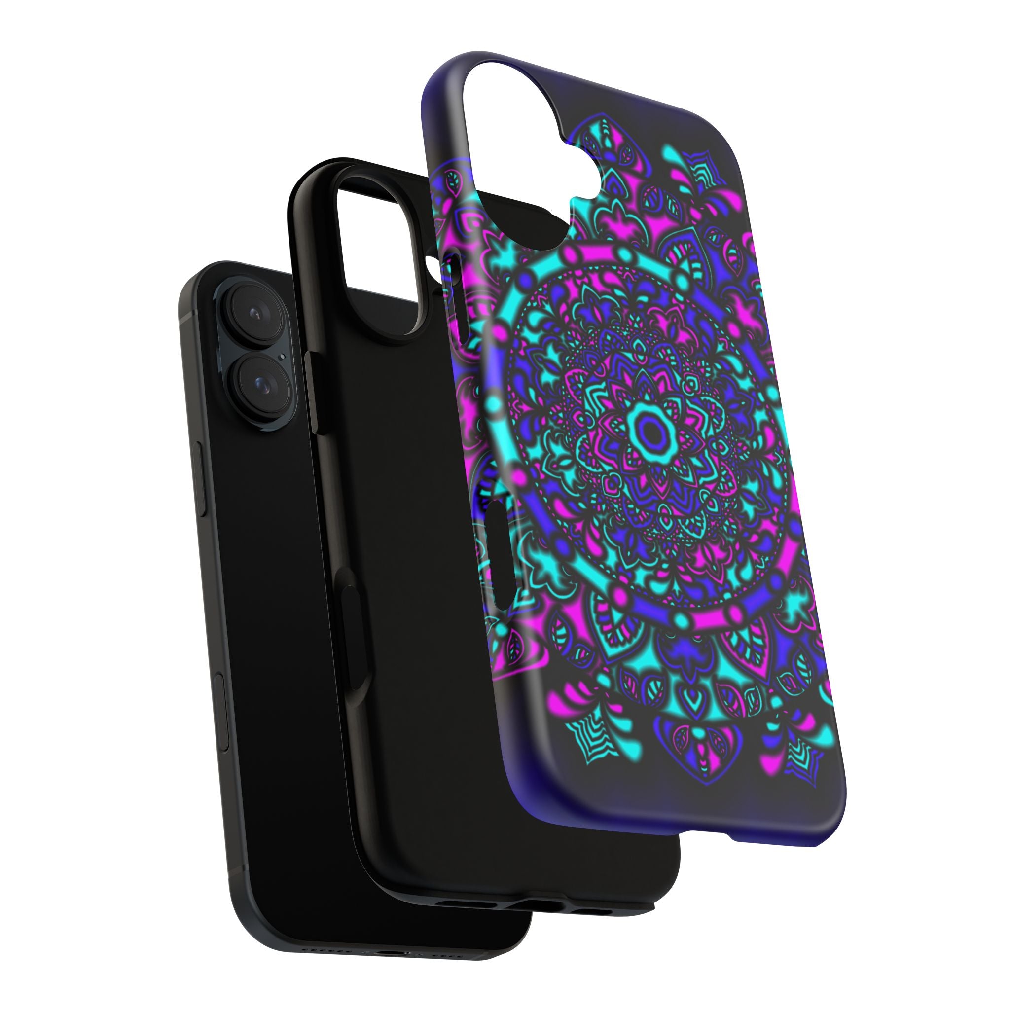 Cover protettiva resistente per telefono Mandala Neon — Viola e Verde acqua