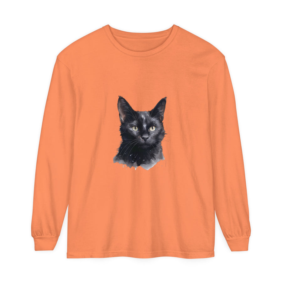 Black Cat Watercolor Unisex Long Sleeve T-Shirt featuring a beautiful watercolor design of a black cat on a comfortable, long-sleeve unisex t-shirt