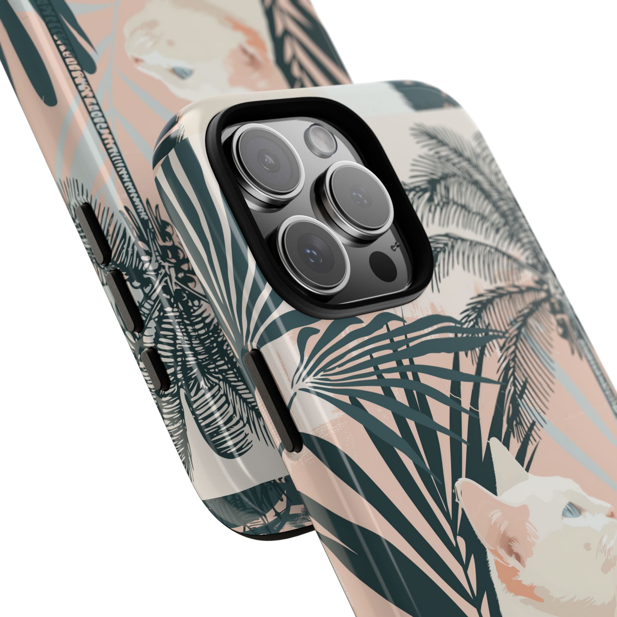Tropical Cat Phone Case with Lush Palm Motifs and Soft Pastels