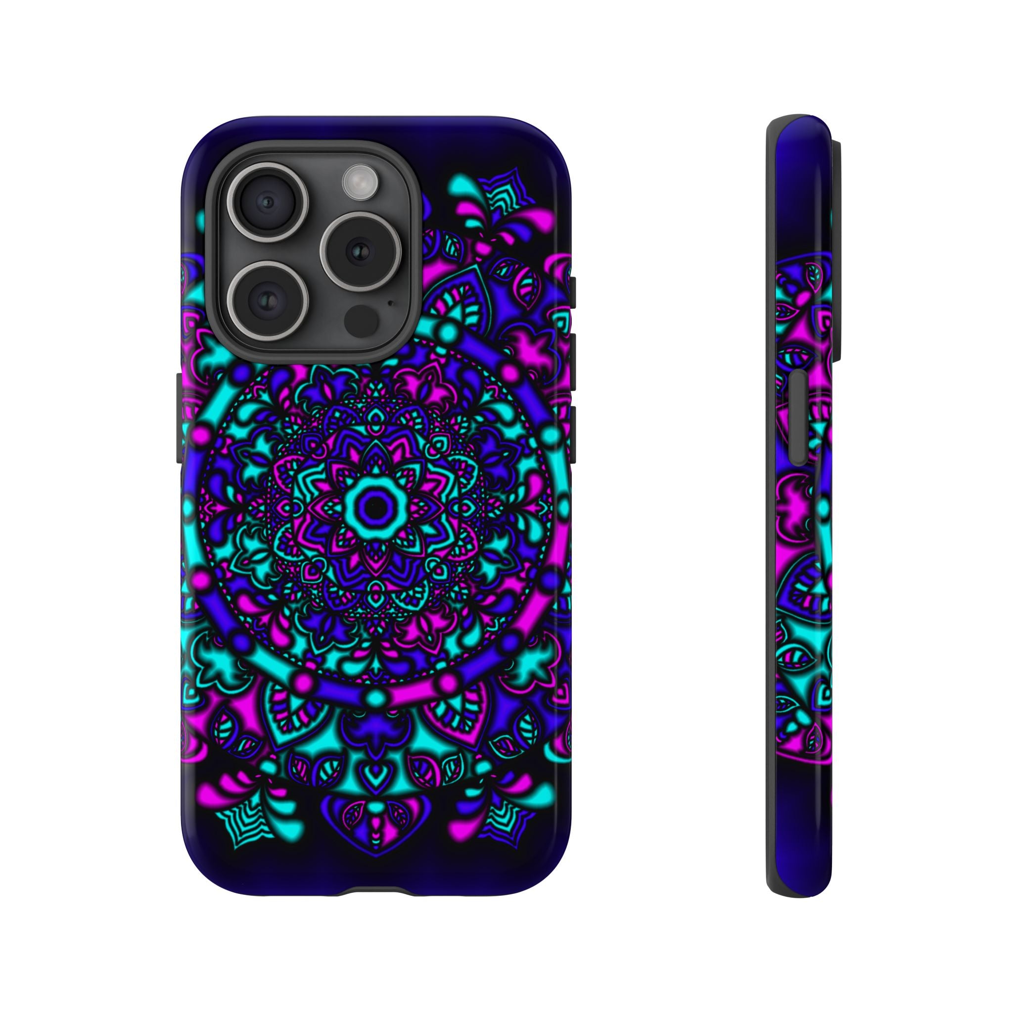 Cover protettiva resistente per telefono Mandala Neon — Viola e Verde acqua