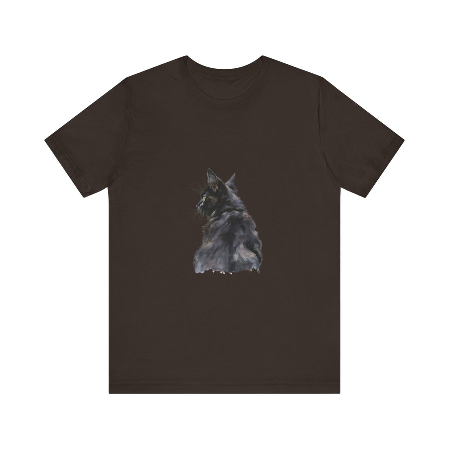 Beautiful and intricate watercolor illustration of a mysterious black cat on a comfortable and stylish tee