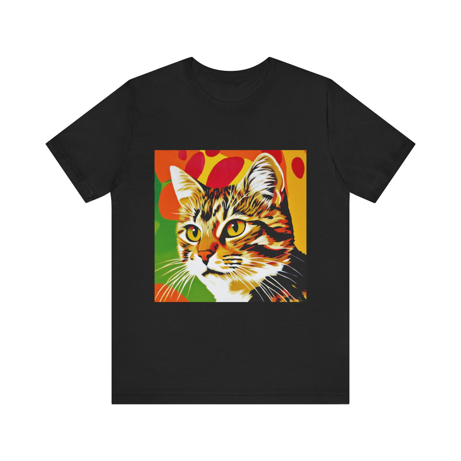 Colorful short sleeve tee featuring a vibrant pop art design of a tabby cat