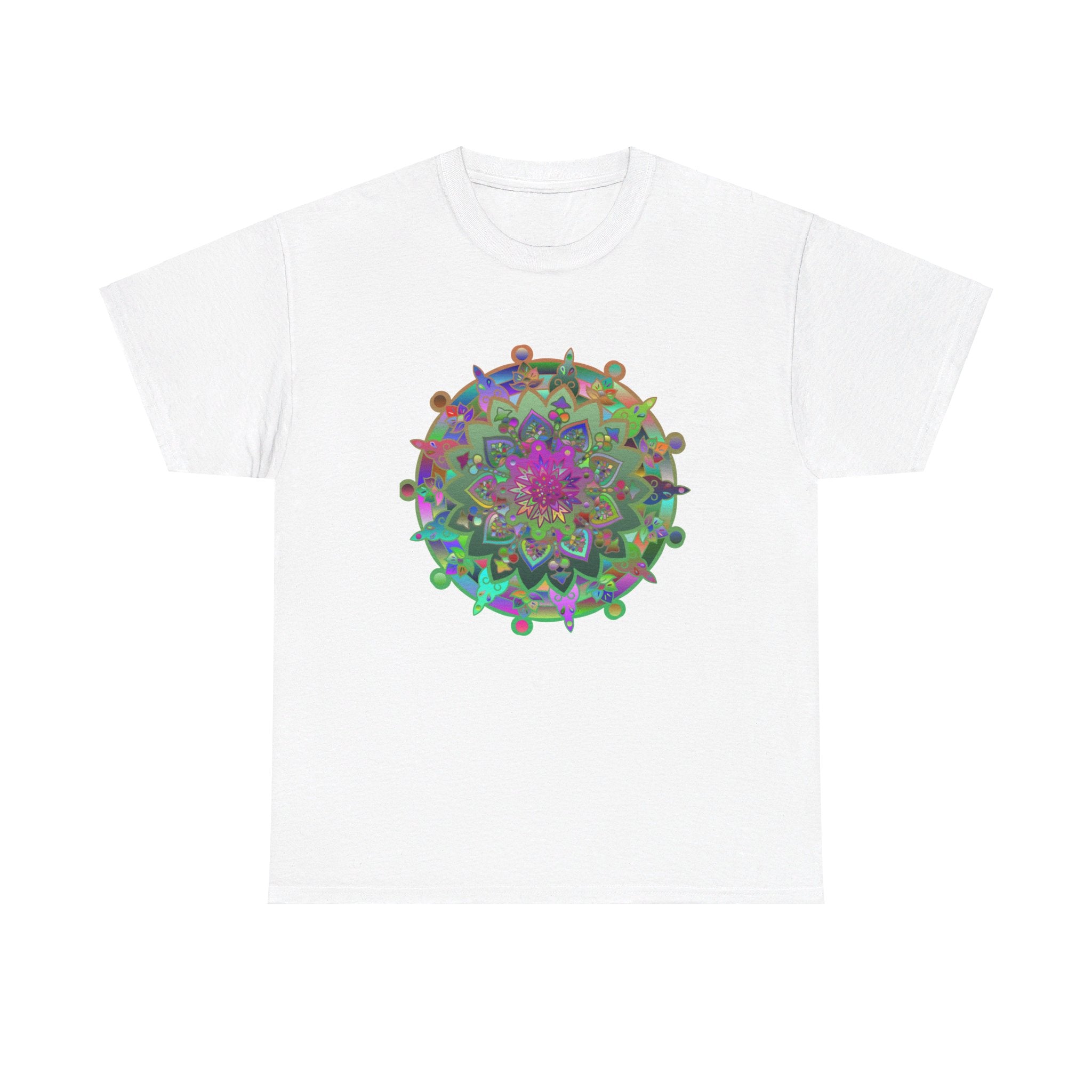 Mandala Art on Tshirt Yoga Mindfulness - Unisex Heavy Cotton Tee alt texts:
Colorful mandala art design on white unisex heavy cotton tee
