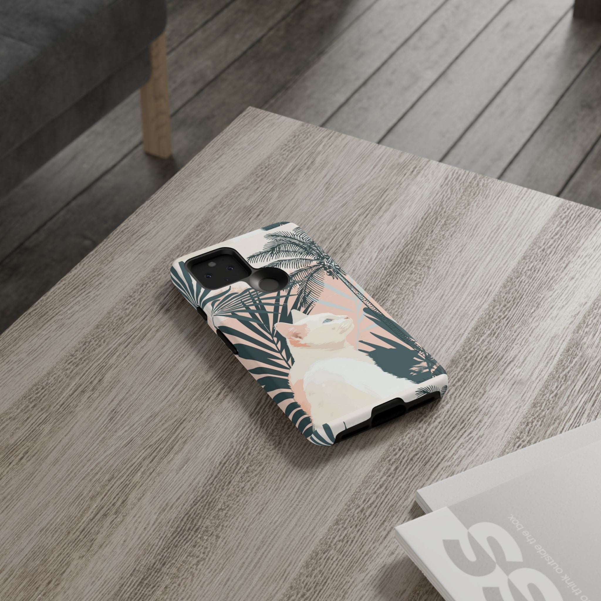 Tropical Cat Phone Case with Lush Palm Motifs and Soft Pastels