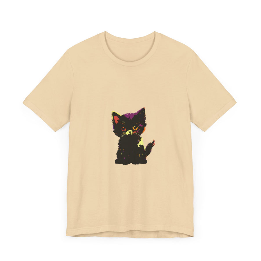 A close-up image of a black cat with neon green eyes printed on a mystery-themed t-shirt