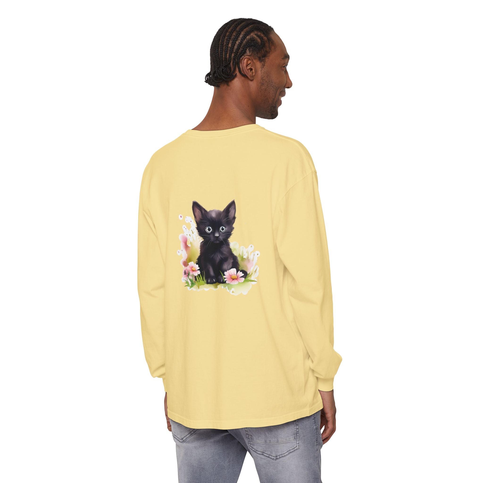 Langarmshirt | Schwarzes Kätzchen & rosa Blumen