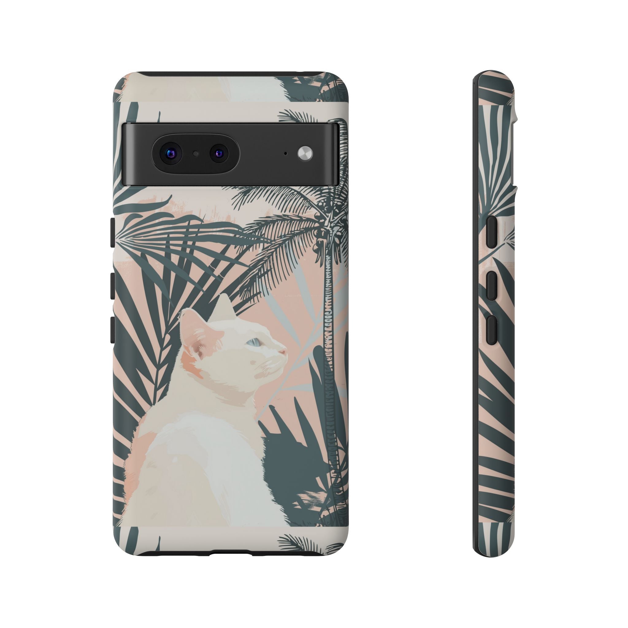 Tropical Cat Phone Case with Lush Palm Motifs and Soft Pastels