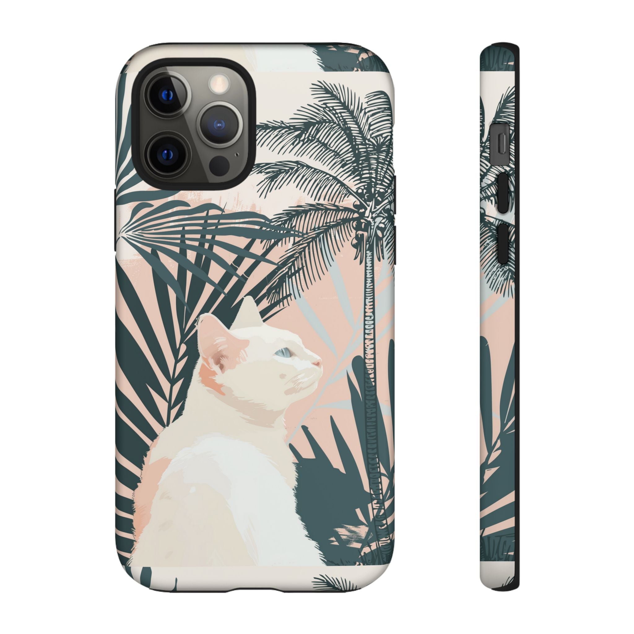 Tropical Cat Phone Case with Lush Palm Motifs and Soft Pastels
