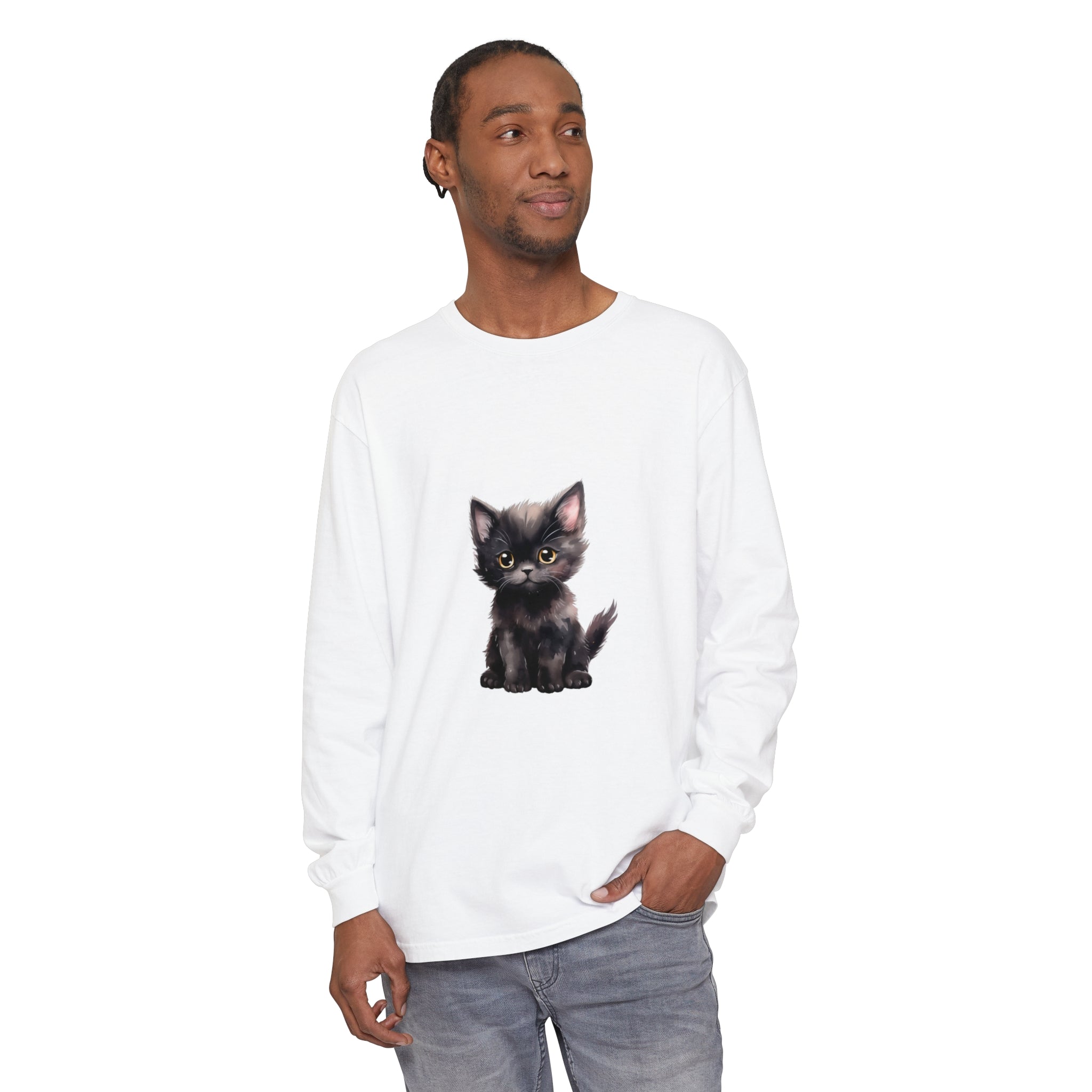 Cute black kitten graphic with vibrant yellow eyes on shirt sleeve