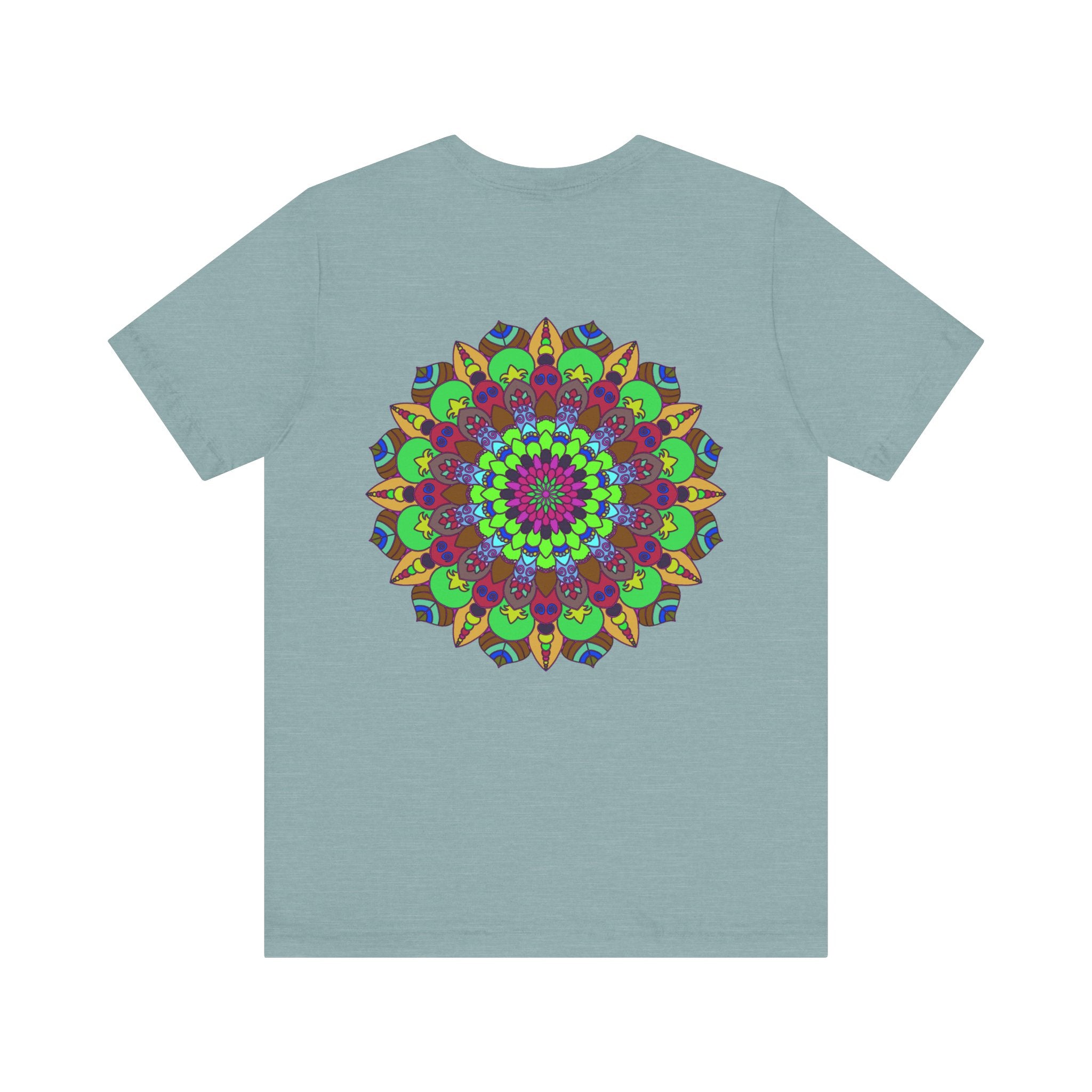 Colorful mandala t-shirt promoting peace, love, and harmony