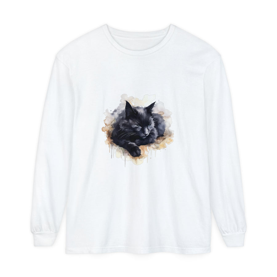 A beautiful watercolor illustration of a sleeping black cat on a t-shirt