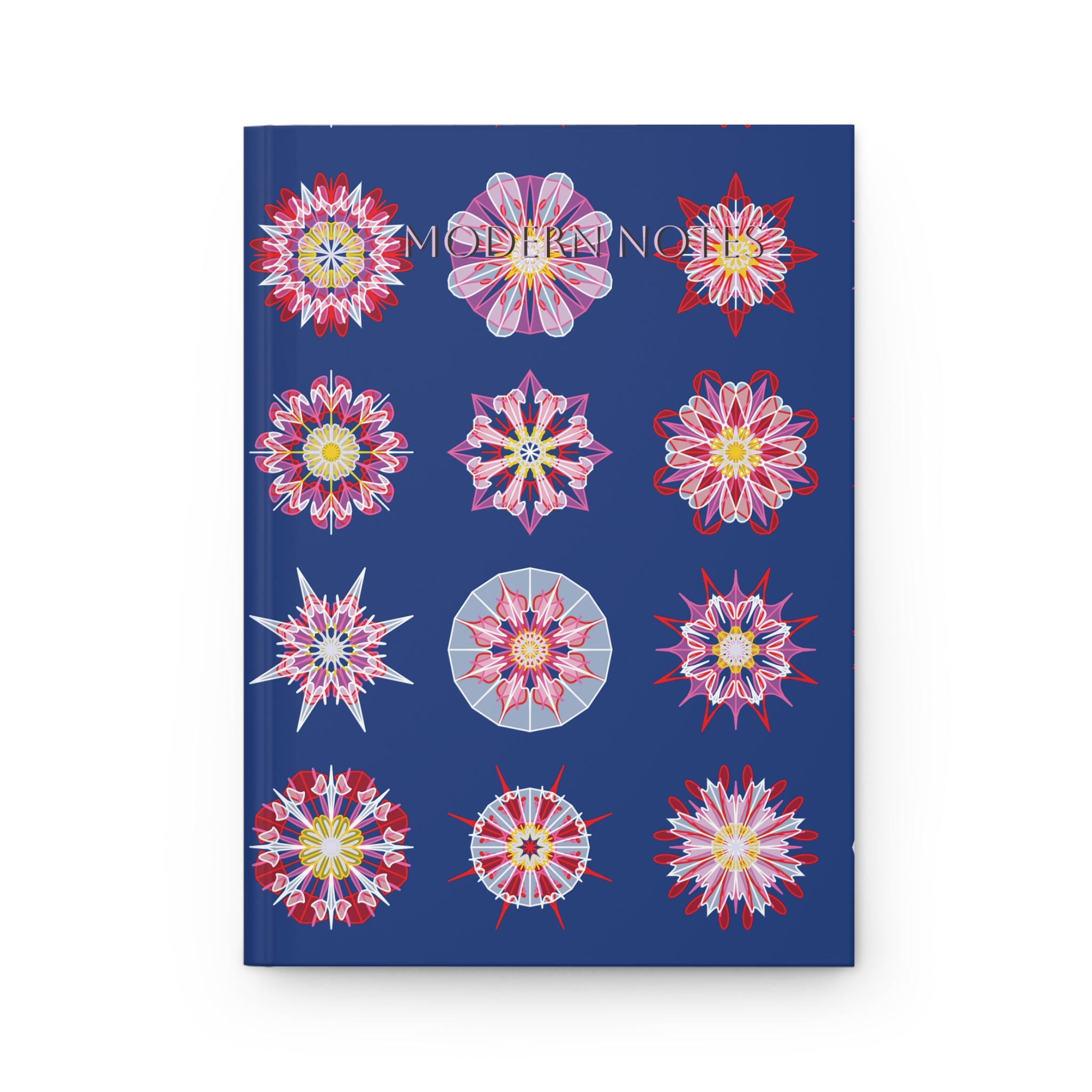 Hardcover-Notizbuch – Blaues geometrisches Mandala auf Rot (Nordischer Chic)