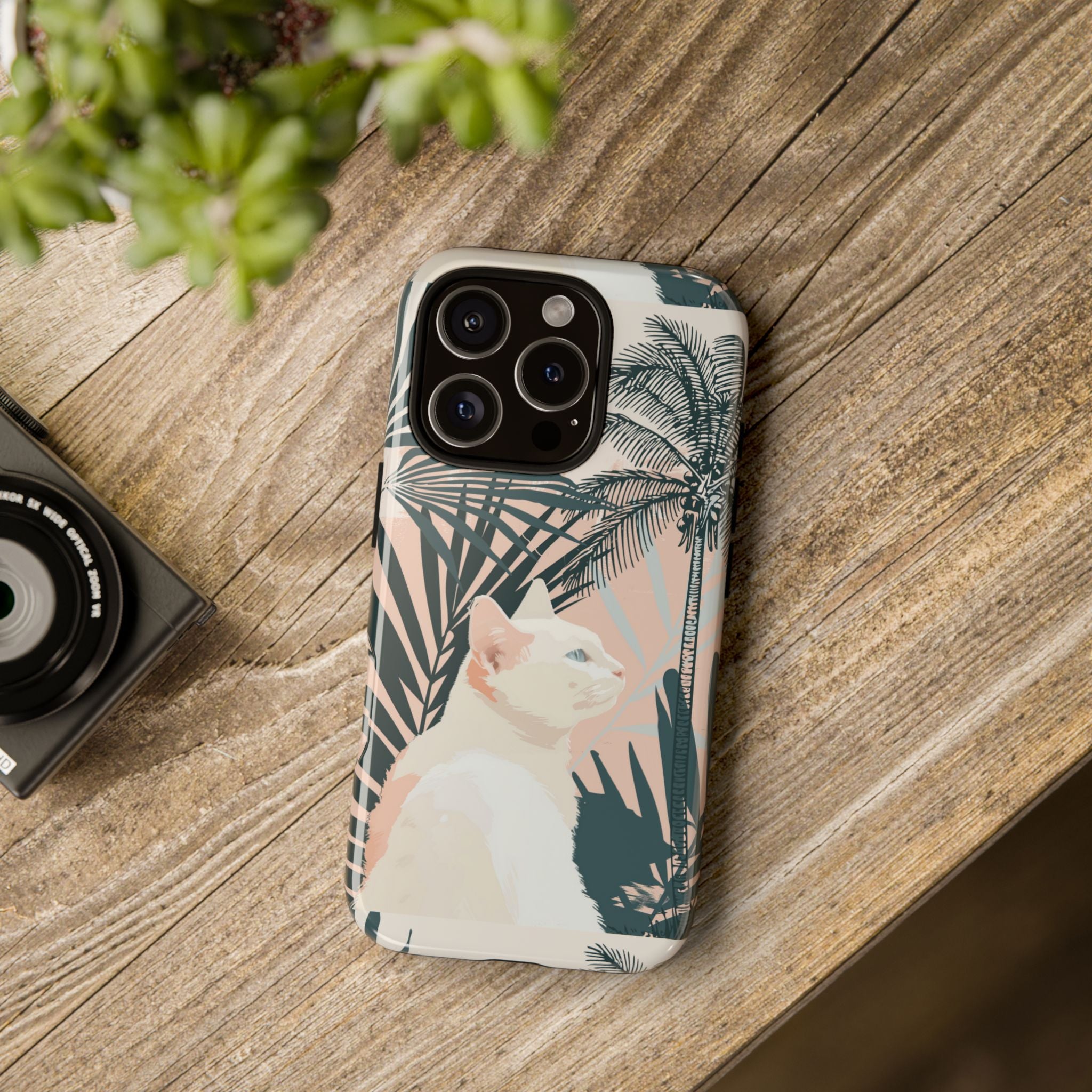 Tropical Cat Phone Case with Lush Palm Motifs and Soft Pastels