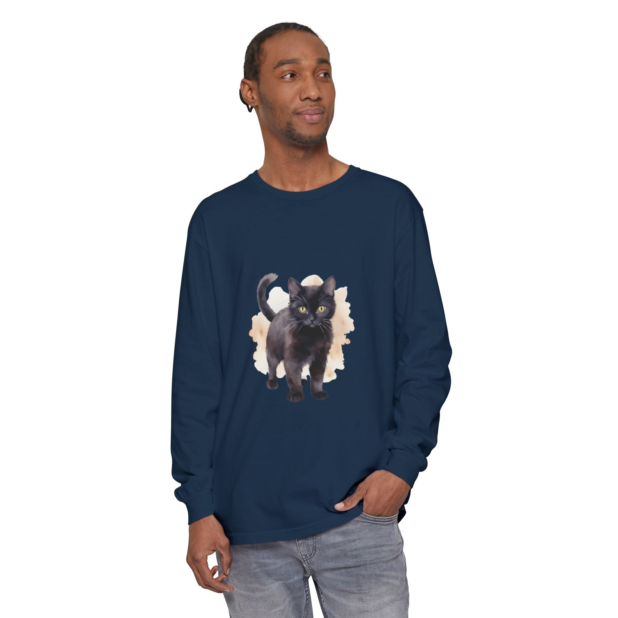 Full Sleeve Tee | Black Cat Watercolor - Unisex