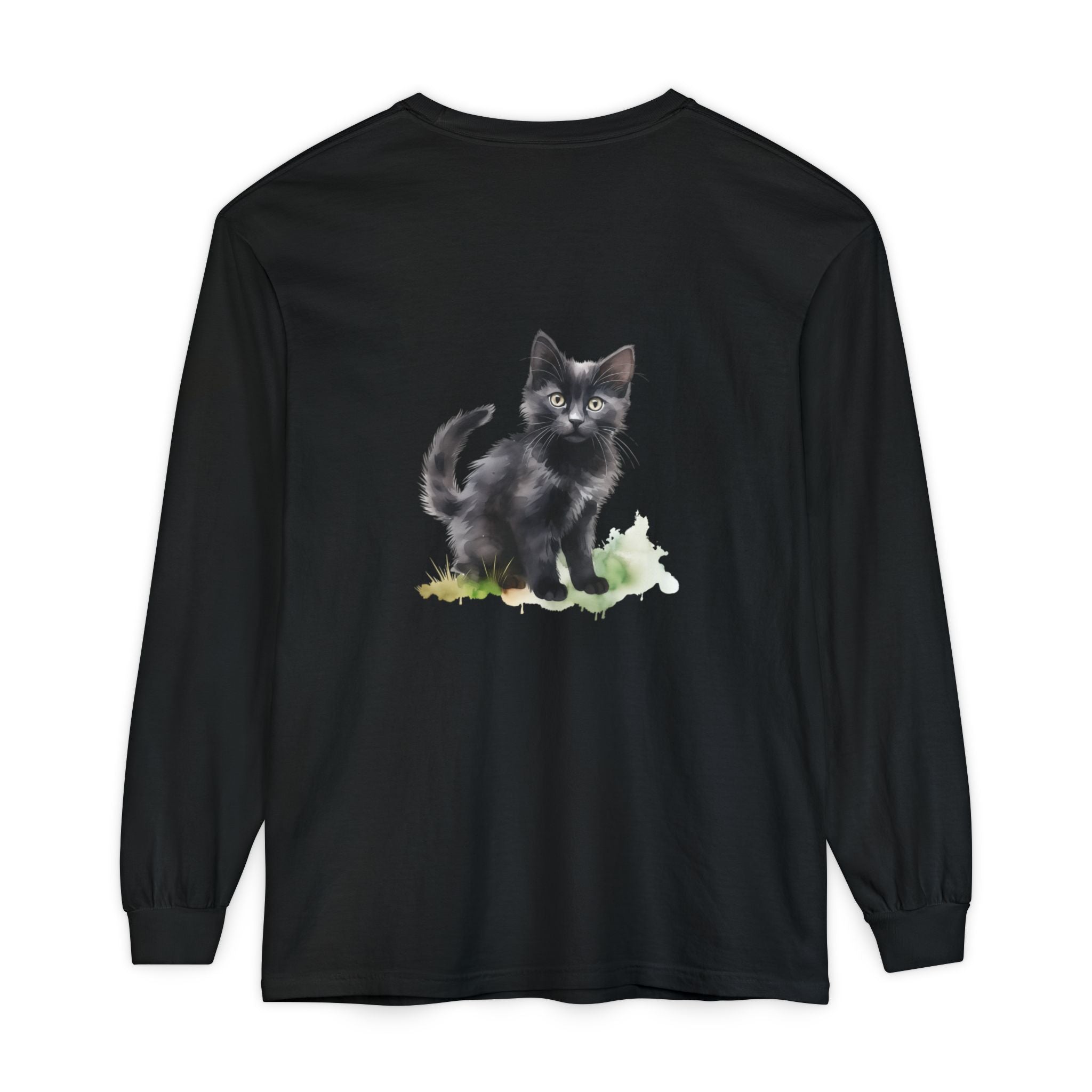 Maglietta a maniche lunghe con gatto nero e acquerello