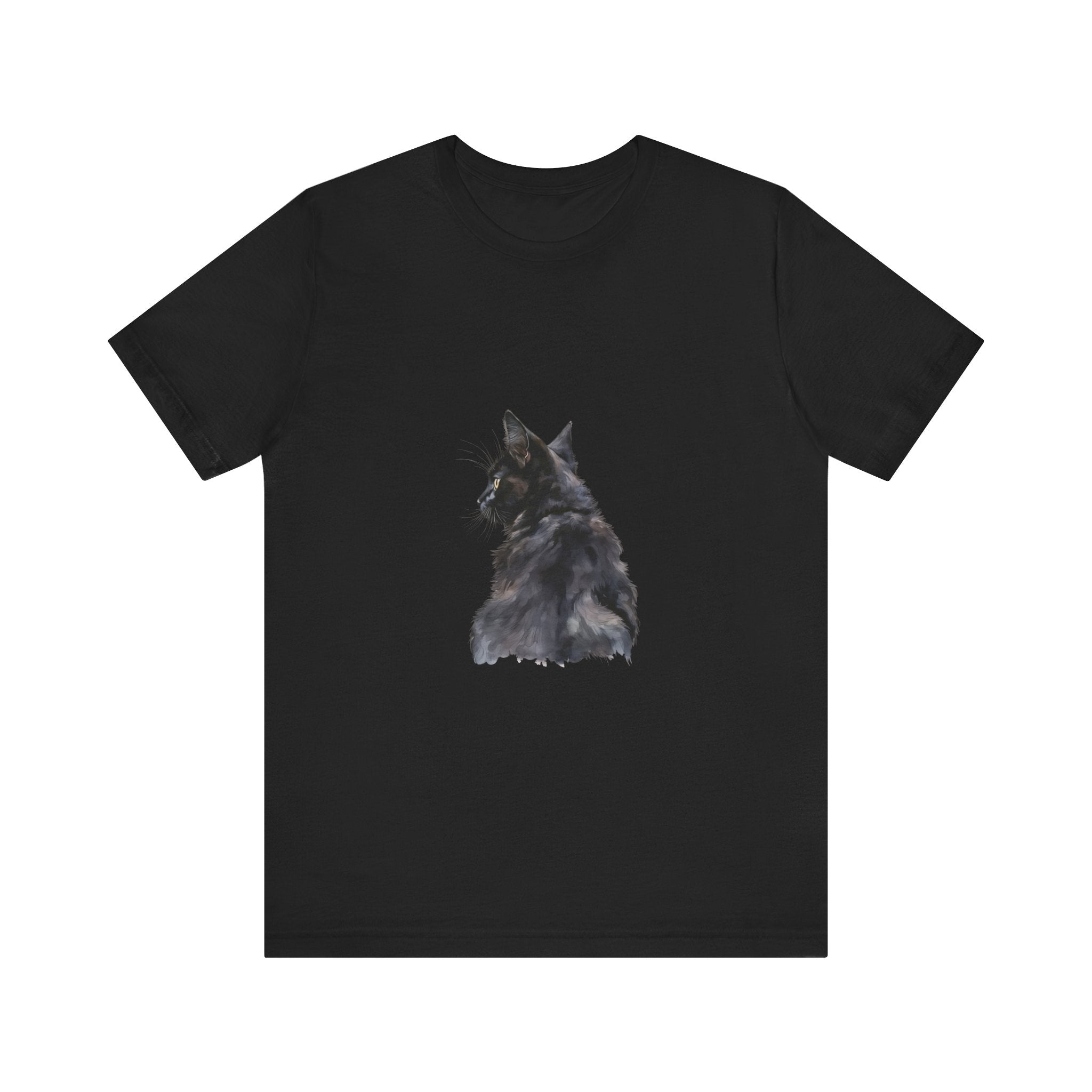 An artistic watercolor illustration of a mysterious black cat tee