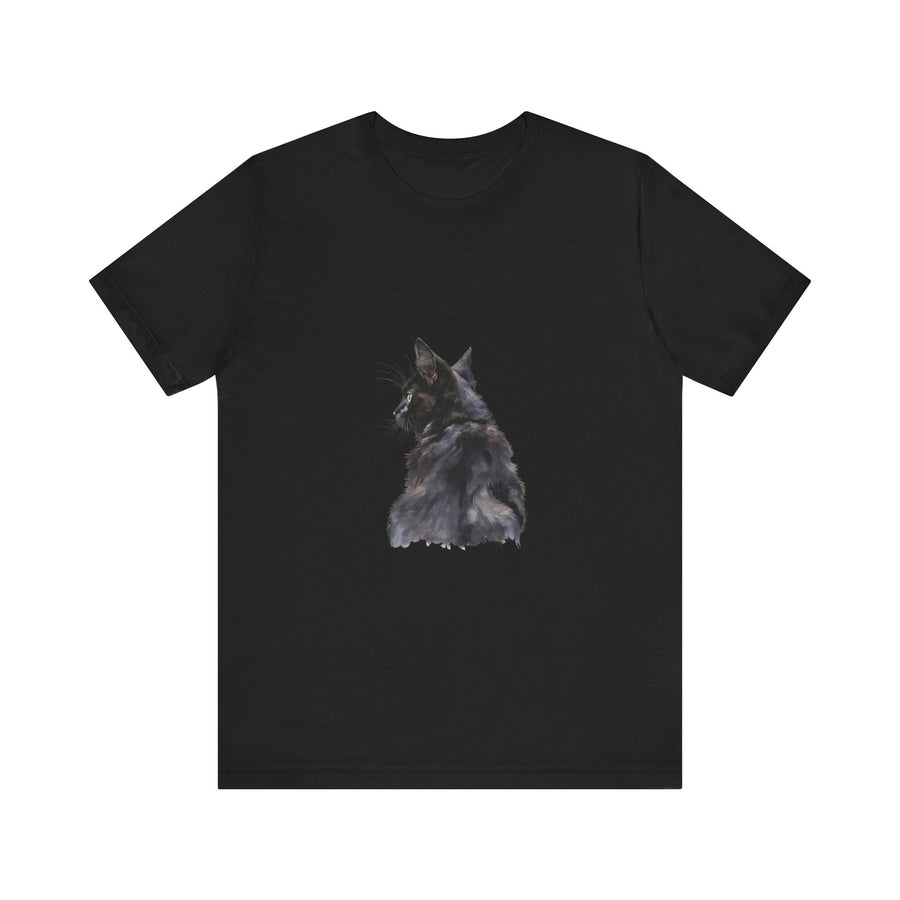 An artistic watercolor illustration of a mysterious black cat tee