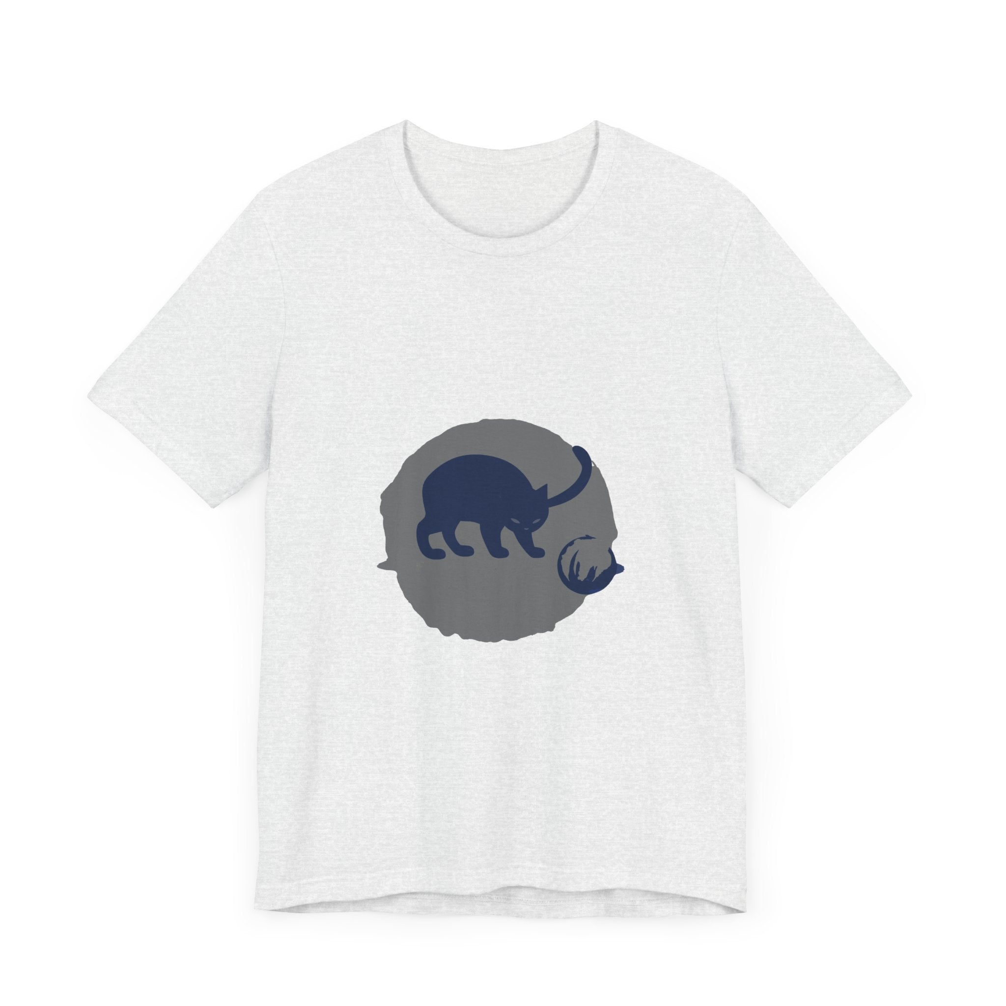 A black cat with glowing eyes and a mischievous smile, playfully posing in silhouette on a mystery-themed t-shirt