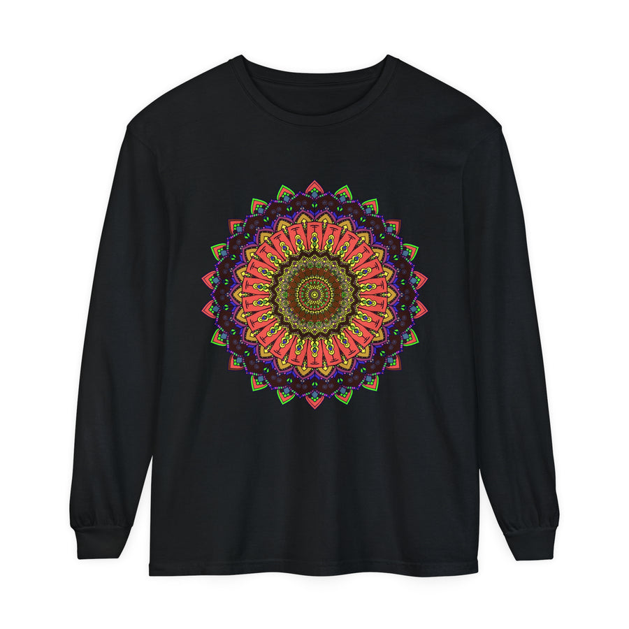 Colorful long sleeve t-shirt featuring an intricate mandala design in vibrant colors