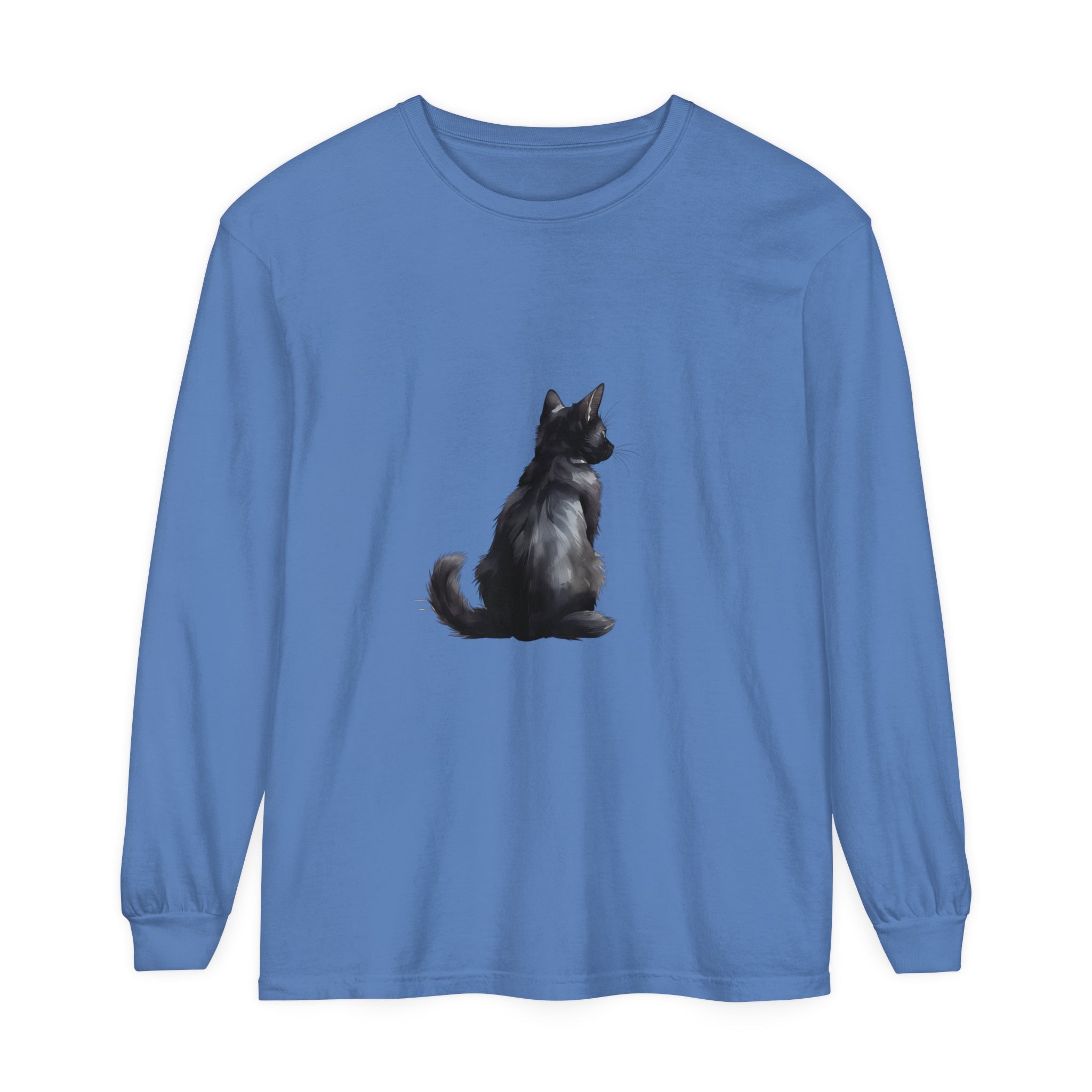 Black Cat Mystery unisex long sleeve tee with graphic of black cat and moon